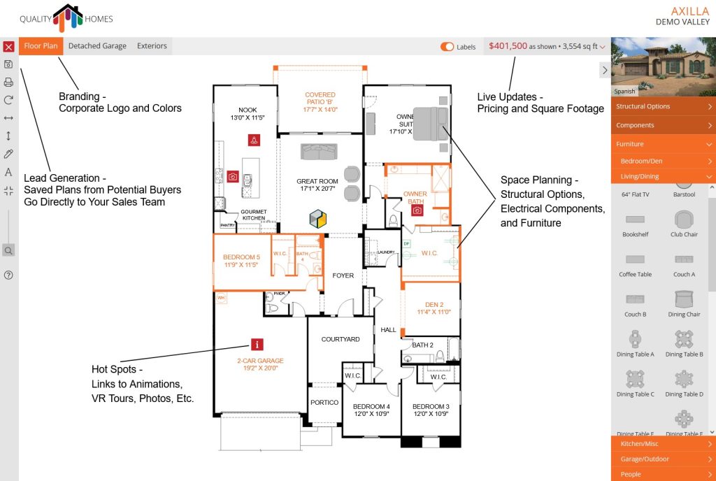Interactive Floor Plan labeled with many of the pros for both builder and buyer