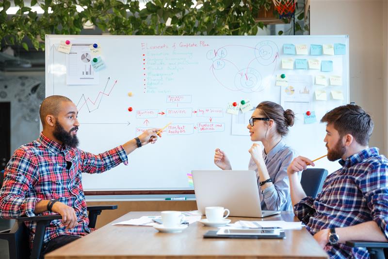 Professional team looking at white board