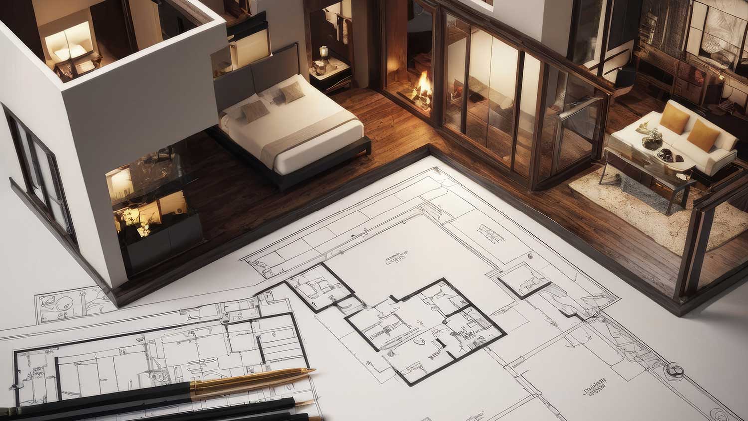 dollhouse on top of a cad sheet