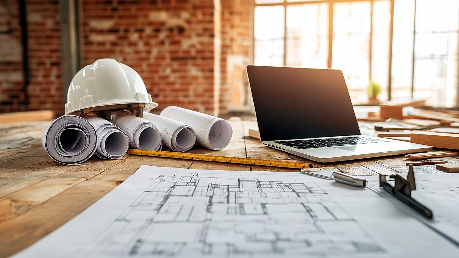 CAD Sheets with a laptop and hardhat