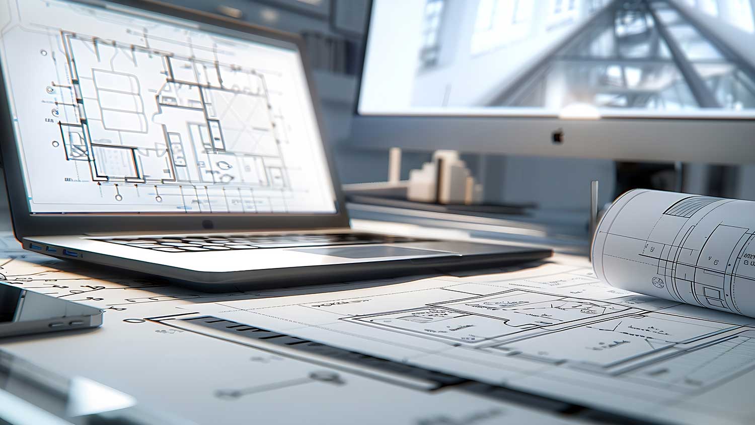 laptop with floorplan layout on screen