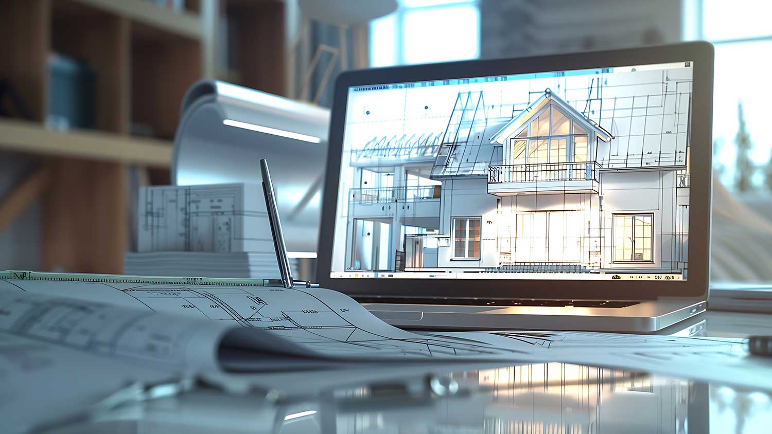 Laptop and CAD sheets