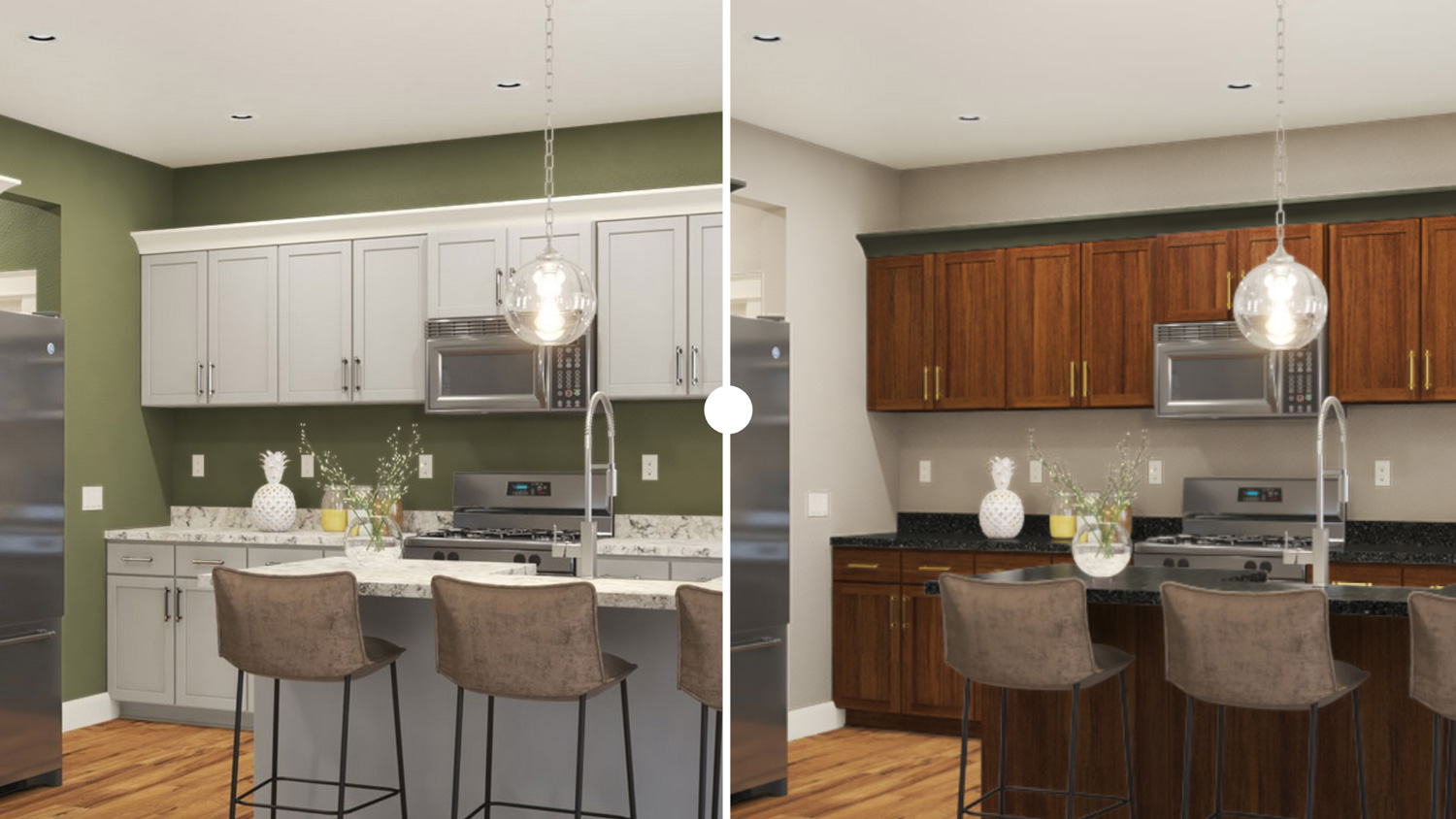 split screen of same kitchen in two colorways
