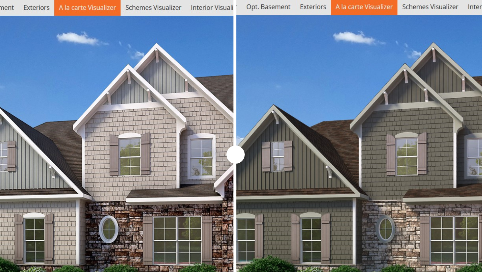 Split screen showing two-story home exterior in two colorways