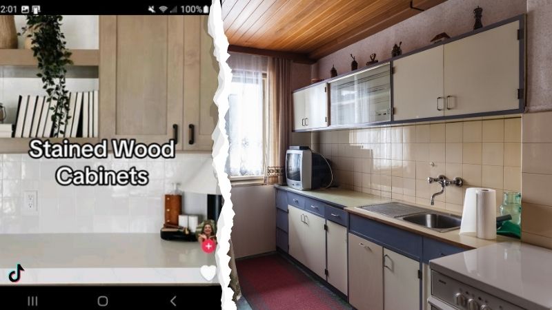 Split screen of TikTok trend video & a dated kitchen created in Canva Pro