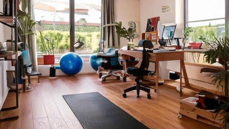 Home office & Yoga Gyme hybrid space generated by Adobe Firefly