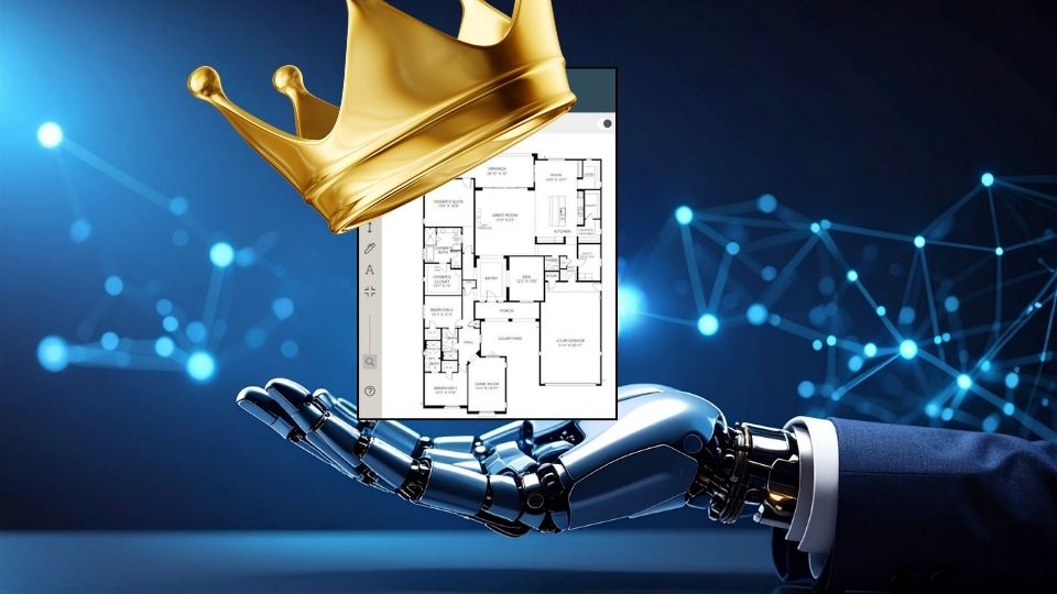 A symbolic image of a futuristic AI robotic hand placing a crown over a sleek, interactive floor plan