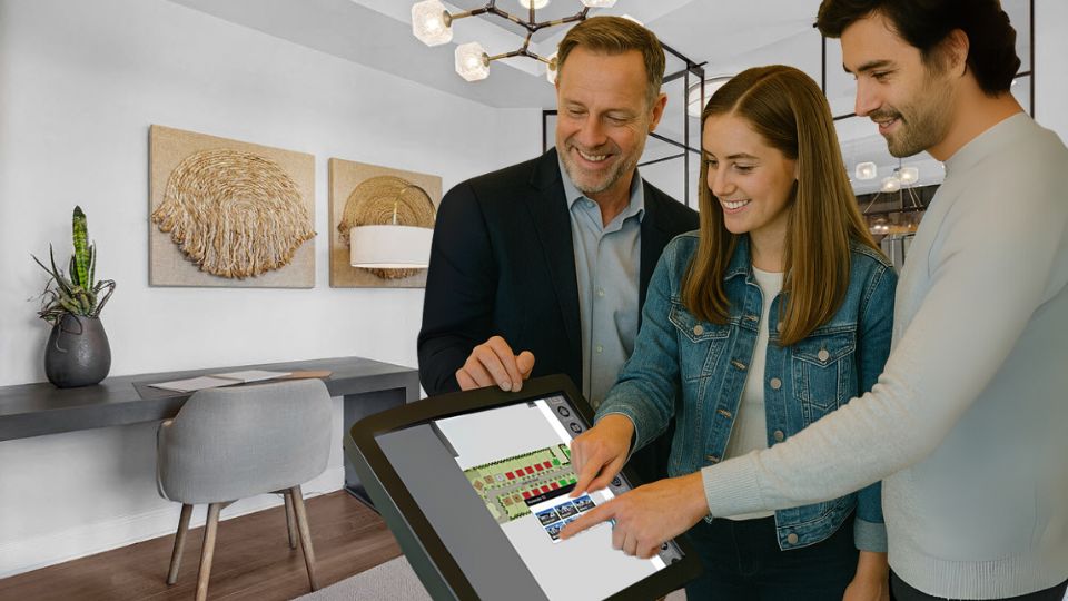 Happy couple using sales kiosk to use interactive site map with helpful sales agent. Image created with the help of ChatGPT, CanvaPro, and Outhouse Rendering