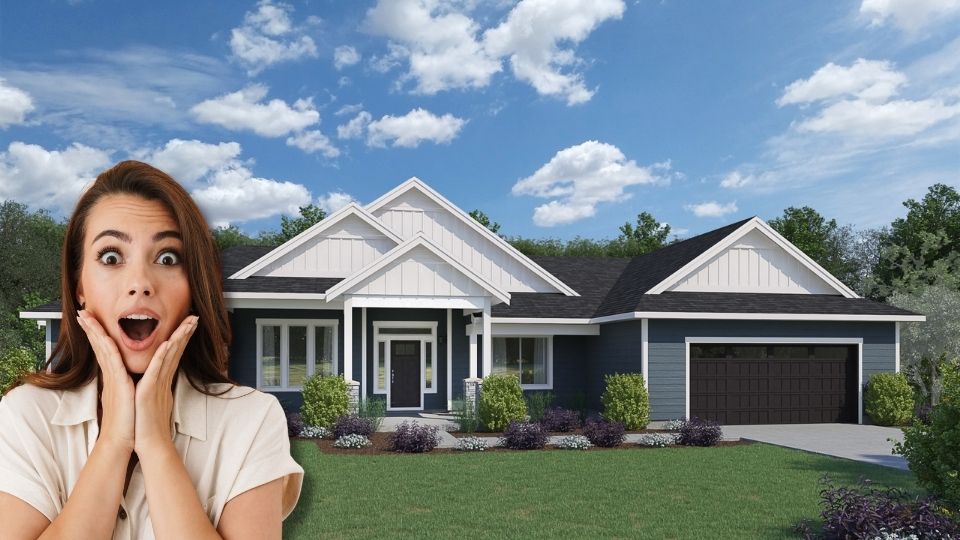 Surprised women in front of new home. 