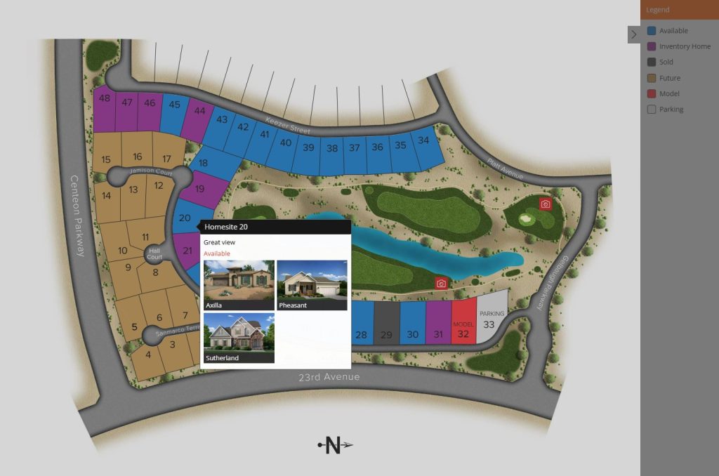 Site map with pop out of available plans. Homebuyers click on elevations to access interactive floor plans.
Site Map Platinum.jpg