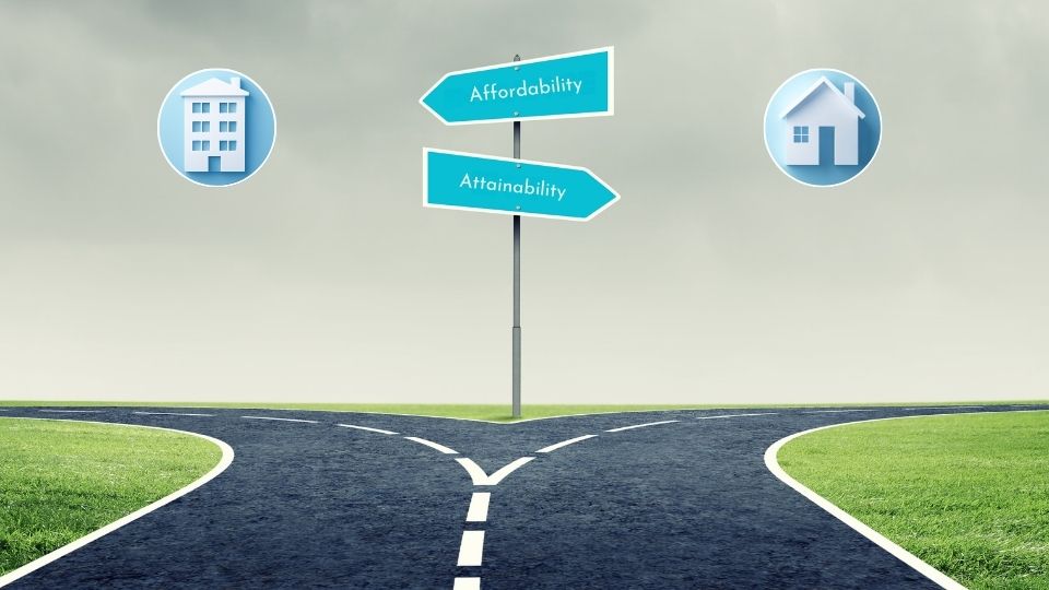 A stylized white house and a stylized white Apartment and a cross roads of affordability and attainability between them 