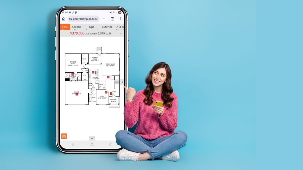 Interactive floor plan on mobile phone women pointing at it.