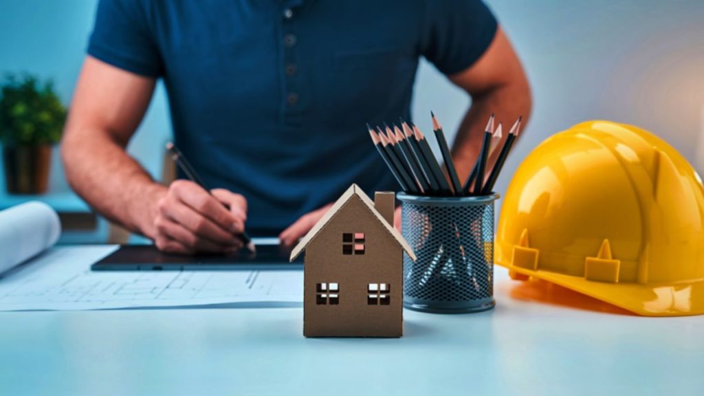 Modern construction worker at desk drawing blueprints on tablet. 