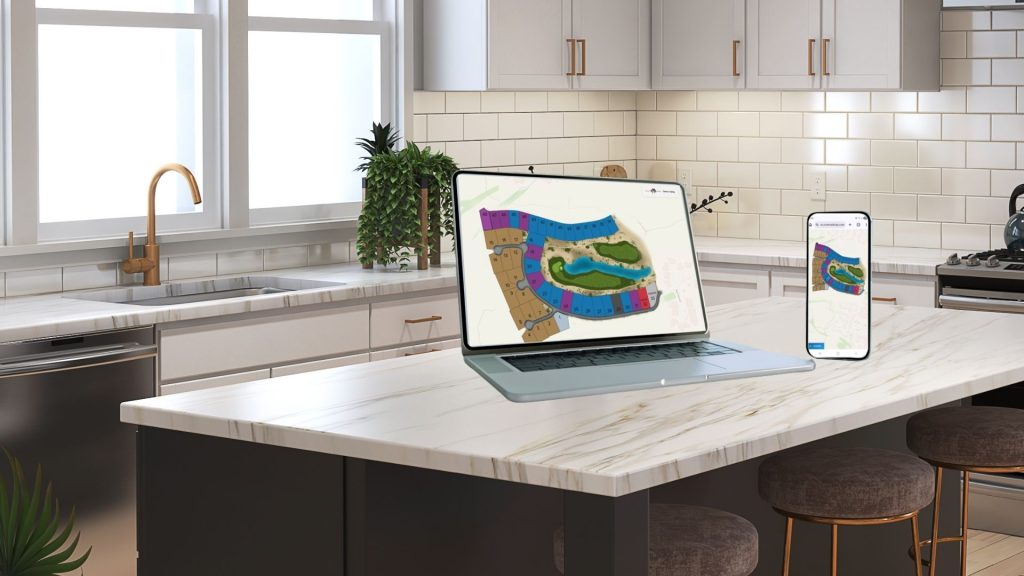 Interactive site map on laptop in kitchen setting.