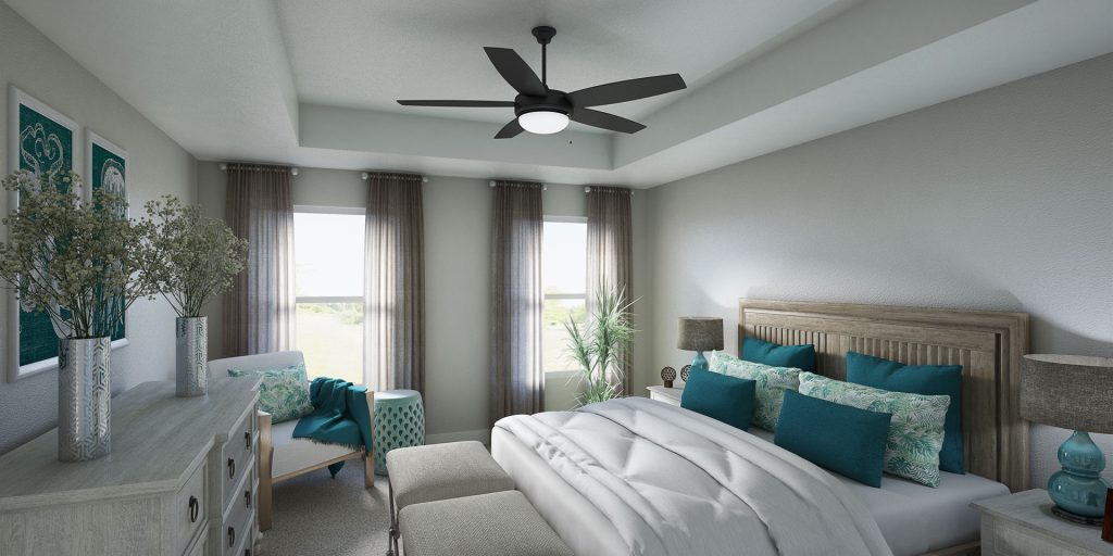 beautifully made bedroom with white sheets and teal pillows.