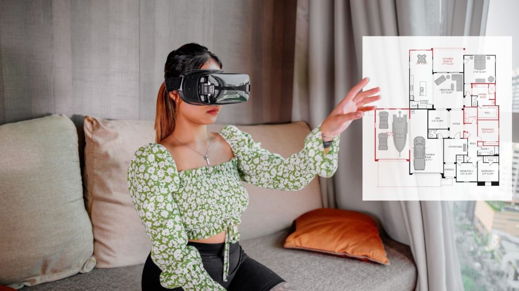 Virtual user manipulating an interactive floor plan.