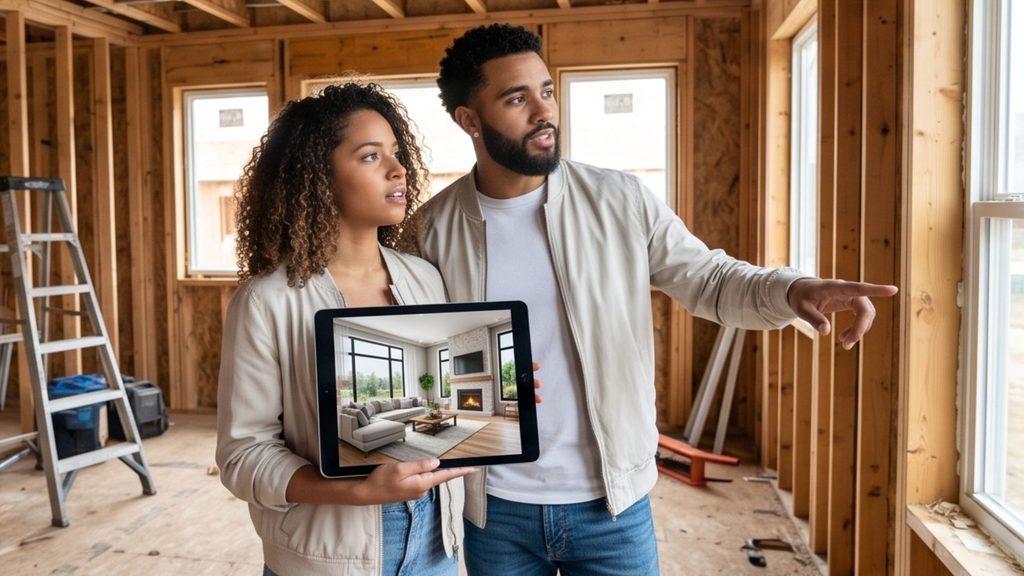 Couple in unbuild house holding tablet with a living room model.