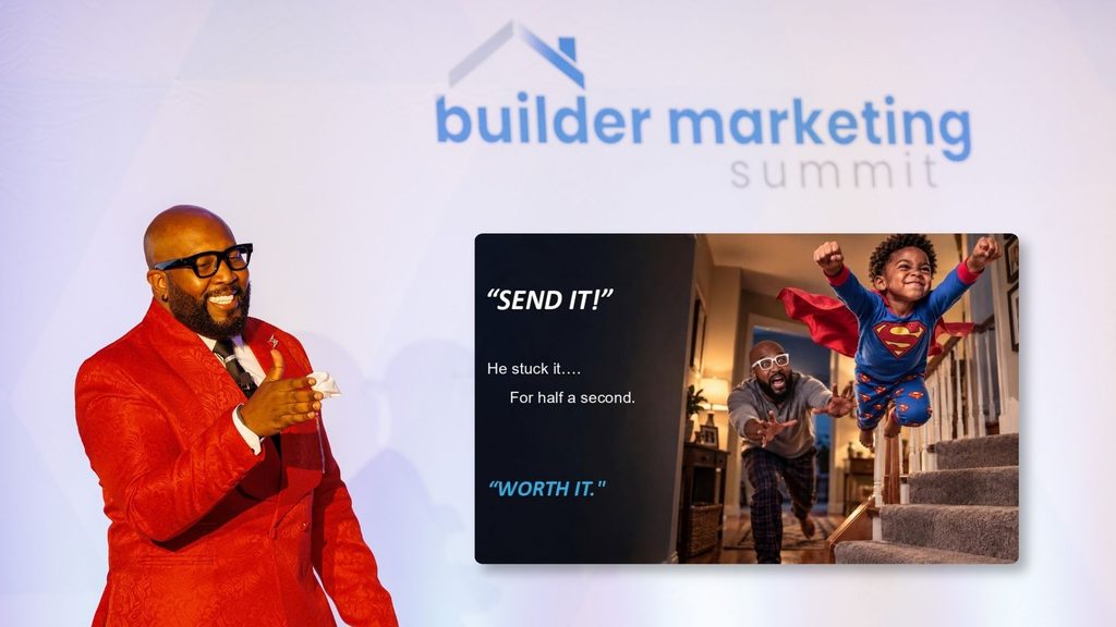 Cory Charles Speaking at the Builder Marketing Summit With a motivational meme.